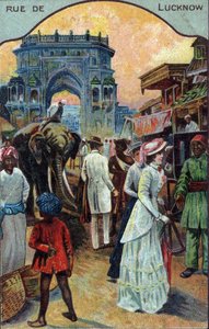 Geschiedenis van het toerisme: Westerse toeristen in een straat in Lucknow, India. Chromolithografie uit de 19e eeuw