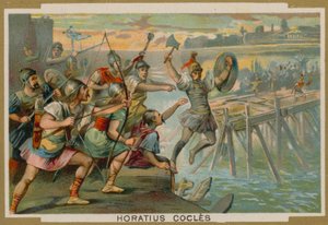 Horatius Cocles, Romeinse soldaat, verdedigt de Pons Sublicius tegen het invallende leger van de koning van Clusium, 6e eeuw v.Chr. door French School