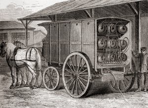 Paard en wagen gebruikt om samengeperst gas in draagbare containers te vervoeren in de 19e eeuw, uit Les Merveilles de la Science, gepubliceerd ca. 1870 door French School