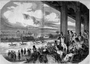 Paardenrennen op de renbaan van Chantilly in 1858. door French School
