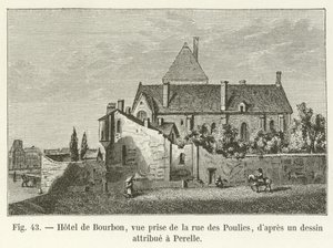 Hotel de Bourbon, gezien vanaf de rue des Poulies, naar een tekening toegeschreven aan Perelle