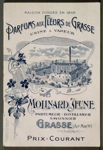 Huis opgericht in 1849 - Geuren van bloemen uit Grasse - Stoomfabriek: Molinard Jeune - Reclamekaart met de Molinard-fabriek - gravure, begin 20e eeuw