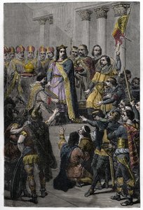 Hugh Capet verkozen tot koning - Kroning van Hugues Capet (ca. 941-996), koning van Frankrijk, 3 juli 987 in Noyon, door Adalberon (ca. 925-990), aartsbisschop van Reims.