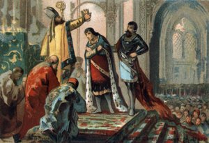 Hugues Capet, koning van Frankrijk van 987 tot 996, maakt zijn zoon, de toekomstige Robert II de Vrome (972 - 1031), heilig door Adalberon, aartsbisschop van Reims, in de kathedraal van Orléans in 987. door French School