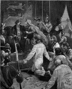 Honderdjarige Oorlog. De burgers van Calais: toewijding van Eustache van St. Peter en zijn metgezellen aan koning Edward III van Engeland smeekt om hun genade, ondersteund door koningin Philippa van Henegouwen (1311-1369).