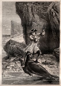 Ik stak mijn spade in zijn borst: Woodes Rogers aangevallen door een zeehond op een van de Galapagos-eilanden in de Stille Oceaan in 1709 - illustratie uit 