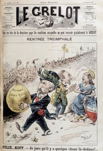 Ik zweer dat er iets in zit. De Franse president Felix Faure draagt de ballon van de Russische lening. Achter hem een vrouw die Lotharingen vertegenwoordigt en ruzie maakt met een man die zegt 