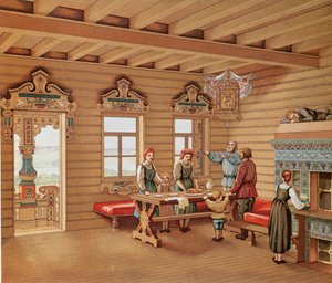 Geïdealiseerd interieur van een Russische izba, c.1880 (kleurgravure) door French School