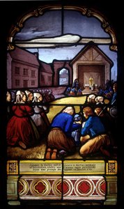 Ignace Le Garrec, vicaris priester in Kerlaz tijdens de Revolutie, viert een laatste parochiemis in een schuur in Caouët, januari 1793 - glas-in-lood van de St Germain kerk in Kerlaz door French School