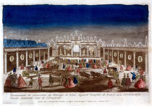 Verlichting ter viering van het huwelijk van Louis Auguste, dauphin van Frankrijk (Lodewijk XVI), met Aartshertogin Marie Antoinette, zus van de Keizer - gravure door French School