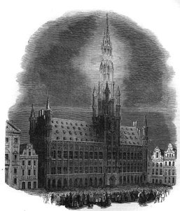 Verlichting van het Stadhuis van Brussel op 26 september 1864 ter gelegenheid van de verjaardag van de gevechten die België bevrijdden van de Nederlandse overheersing. Van een schets door M.D.A. Gravure in "The Illustrous Universe" door French School