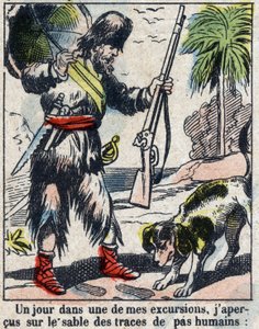 Illustratie voor het boek van Daniel Defoe Robinson Crusoe. Epinal afbeelding eind 19e eeuw door French School