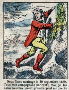 Illustratie voor het boek van Daniel Defoe "Robinson Crusoe". Epinal afbeelding eind 19e eeuw. door French School