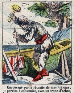 Illustratie voor het boek van Daniel Defoe "Robinson Crusoe". Epinal afbeelding eind 19e eeuw. door French School