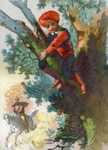 Illustratie voor de Verhalen van Duizend-en-een-nacht. Ali Baba ziet een troep dieven van ver in het bos komen en verstopt zich in een boom. Chromolithografie rond 1890. door French School