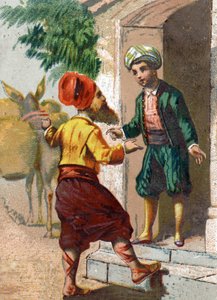 Illustratie voor de Verhalen van Duizend-en-een-nacht. De kapitein, vermomd als oliemarchant en gevolgd door 19 muilezels, elk beladen met twee grote vazen, vraagt om de gastvrijheid van Ali-Baba (Ali Baba). Chromolithografie rond 1890