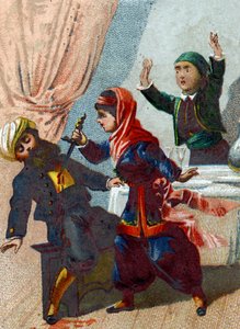 Illustratie voor de Verhalen van Duizend-en-een-nacht. De kapitein vermomt zich opnieuw en keert terug naar Ali Baba, maar Morgiane herkent hem en steekt hem neer tijdens een dans. Chromolithografie rond 1890. door French School