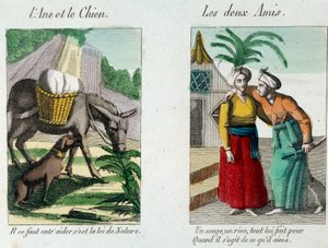 Illustratie voor de fabels van Jean de la Fontaine: links 