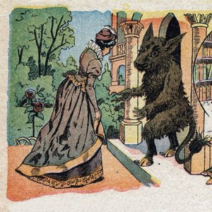 Illustratie voor het sprookje "La Belle et la Bête": de schone arriveert bij het kasteel van het beest. Gravure van Quinn-beeldvorming, circa 1890.