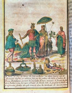 Illustratie uit een geschiedenis van Peru met een Inca koning en koningin met Indiase bedienden en een diagram van een bicharra