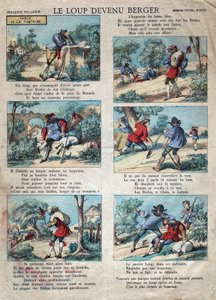 Illustratie van de fabel door Jean de la Fontaine (1621-1695): de wolf werd een herder. Epinal imaging eind 19e eeuw.