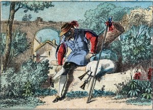 Illustratie van de fabel door Jean de la Fontaine (1621-1695): de wolf werd een herder. Epinal imaging eind 19e eeuw.