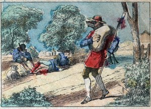 Illustratie van de fabel door Jean de la Fontaine (1621-1695): de wolf werd een herder. Epinal imaging eind 19e eeuw. door French School