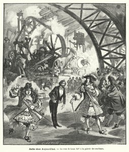 Verbeelde bezoek van koning Lodewijk XIV en zijn hof aan het Paviljoen van Machines op de Exposition Universelle in Parijs in 1889 door French School