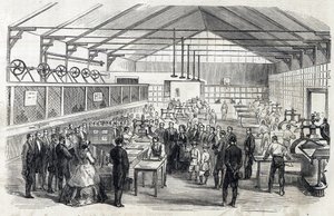 Keizerin Eugenie en de Keizerlijke Prins bezoeken de Banque de France, 23 juni 1866 - druk van bankbiljetten - gravure in Le MONDE Illustre DU 07/07/1866