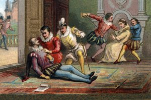 In 1589 vermoordde de monnik Jacques Clement Koning Hendrik III met een messteek nadat hij hem een brief had laten lezen. De koning stierf in de armen van Hendrik van Navarra. Chromolithografie rond 1890