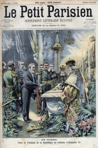 In Rusland: bezoek van president Emile Loubet (1838-1929) aan het graf van Alexander III (1845-1894), keizer van Rusland, in 
