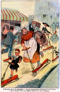 In de toekomst, met toenemende intensiteit en snelheid van het leven, zal iedereen naar zijn werk gaan op een scooter. 1919 (gravure)