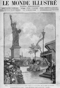 Inhuldiging van het Vrijheidsbeeld in Parijs, op 4 juli 1889: toespraak van Eugène Spuller (1835-1896), Franse minister van Buitenlandse Zaken. Het standbeeld werd aan de stad Parijs geschonken door de Amerikaanse gemeenschap ter herdenking van de honderds