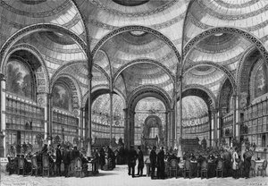 Inhuldiging van de nieuwe leeszaal van de Keizerlijke Bibliotheek van Parijs, 13 juni 1868, gebouwd door architect Pierre Francois Henri Labrouste (1801-1875). Gravure in 