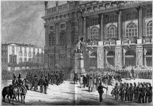 Inhuldiging van het Sardijnse monument door Vincenzo Vela (1820-1891), op het Kasteelplein in Turijn (Italië) op 10 april 1859. Achter het standbeeld staat het 
