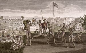 Indiase krijgers oefenen met uitzicht op het kamp van de Engelse resident, c.1810