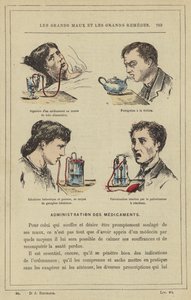 Inname van een medicijn met behulp van een voedingssonde, fumigatie met een theepot, balsemische en gasvormige inhalatie met behulp van een gasogene inhalator, reactieve verneveling met de reactievernevelaar door French School