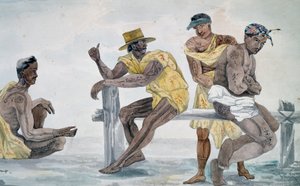 Inwoners van Tahiti, Society-eilanden, aquarel door Jules-Louis Lejeune, gebaseerd op Voyage around world