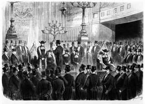 Installatie van Lazard Isidor als opperrabbijn van Frankrijk in 1867 in de Synagoge van de Rue Notre-Dame-de-Nazareth in Parijs door French School