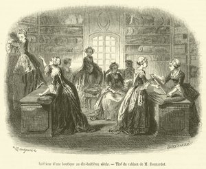 Interieur van een winkel in de achttiende eeuw (gravure) door French School