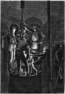 Interieur van een kolenmijnschacht: opkomst van de container. 1861. Gravure in 