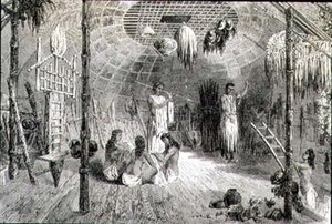 Interieur van een Indiaanse hut in de jaren 1860