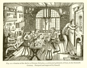 Interieur van het Atelier van Etienne Delaulne, een beroemde Goudsmid van Parijs, in de Zestiende Eeuw