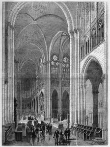 Interieur van de Basiliek Saint Denis (Saint Denis) gerestaureerd volgens de plannen van Eugene Viollet-le-Duc (Viollet le Duc) (1814-1879). Gravure in 