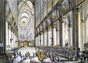 Interieur van de Notre-Dame de Paris, bij de aankomst van Marie Antoinette (1755-1793), koningin van Frankrijk, om de beroemde mis bij te wonen voor de geboorte van haar zoon, de toekomstige Lodewijk XVII (1785-1795). Gravure 18e eeuw door French School