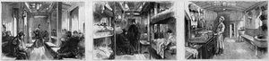 Interieur van de ambulancewagen en keukenwagen van een medische trein van de Franse Société de secours aux blessés militaires. Gravure in 