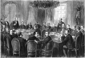 Internationaal Oorlogscongres, Brussel, juli-augustus 1874: afgevaardigden van 15 Europese staten komen bijeen om het ontwerp van een Internationale Verklaring over de Wetten en Gewoonten van de Oorlog te bespreken. Gravure in 