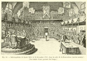 Verhoor van Lodewijk XVI, op 26 december 1792, in de zaal van de Conventie, voormalige manege, Fac-simile van een gravure uit die tijd door French School