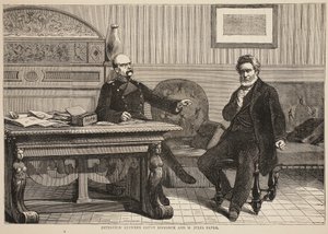 Interview tussen graaf Bismarck en M. Jules Favre, september 1870, illustratie uit Cassells Geschiedenis van de Oorlog tussen Frankrijk en Duitsland, 1870-1871 door French School