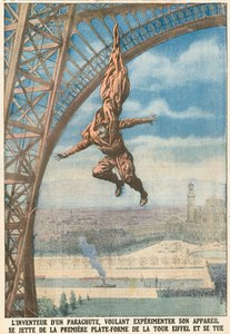Uitvinder van een Parachute Springt van de Eiffeltoren